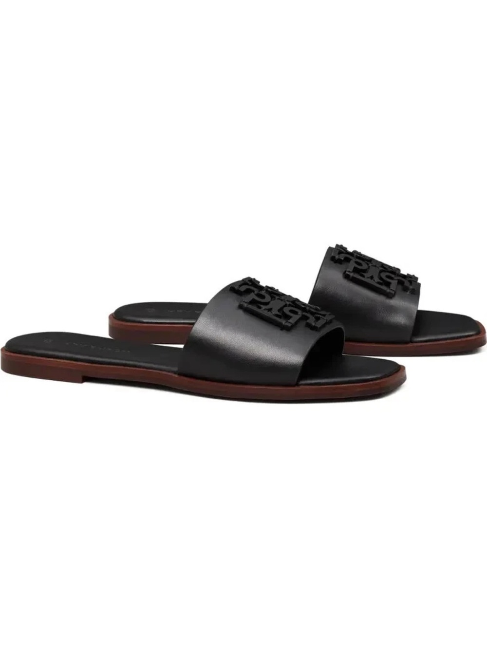 Tory Burch Ines Black Leather Slide Sandals with Logo Accent - Women